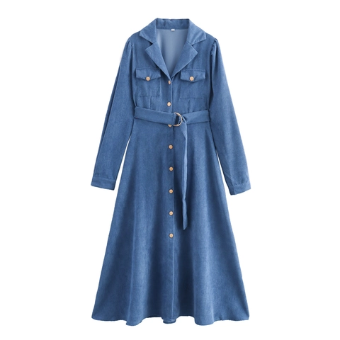 Corduroy Maxi Dress Long Sleeve Lapel Suit Collar Belted High Waist Elegant Vintage Style Solid Color For Women
