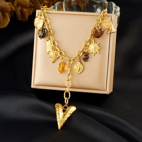 Collier Pendentif Cœur Vintage Plaqué Or Acier Inoxydable Multi Charme Soleil Feuille Gland Bijoux Mode Rétro Femmes