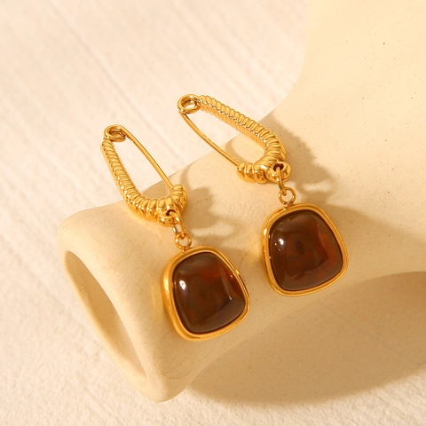 Pendientes Colgantes Estilo Francés Retro Acero Inoxidable Chapado En Oro 18K Resina Ámbar Imperdible Joyería Mujer
