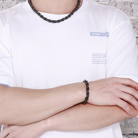 Retro Twist Chain Necklace And Bracelet Stainless Steel Industrial Punk Style Mens Jewelry Gun Black