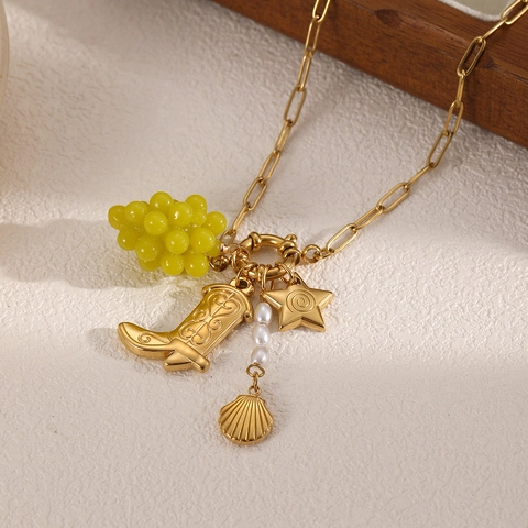 Edelstahl Frucht Anhänger Halskette Für Damen 18K Vergoldet Vintage Bunte Erdbeere Traube Stern Muschel Stiefel Charm Schmuck