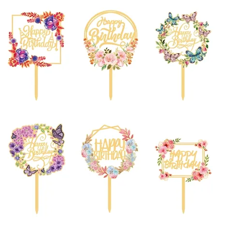 Acrylic Cake Topper Flower Butterfly Mirror Gold UV Printed Happy Birthday Anniversary Dessert Decoration Party Supplies