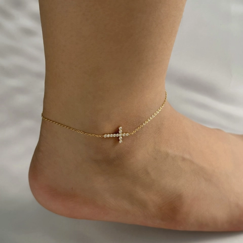 Bracelet De Cheville Pendentif Croix Acier Inoxydable Zircone Inlay Minimaliste Bijoux De Mode Pour Femmes