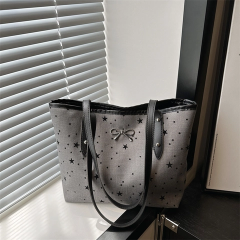 Mode Damen Tote Bag Große Kapazität Stoff Punkte Herz Stern Muster Metall Schleife Dekor Schulter Umhängetasche