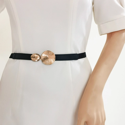 Cinturón Elástico Fino Para Mujer Hebilla De Metal Dorado Faja Delgada De Cuero PU Accesorio De Moda Versátil Para Vestidos