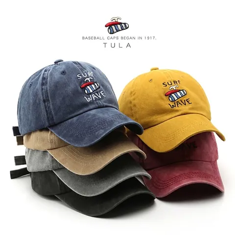 Surf Wave Embroidered Washed Cotton Baseball Cap Retro Vintage Adjustable Sun Protection Dad Hat For Men Women