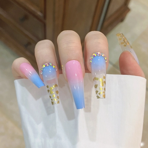 Long Coffin Press On Nails Pink Blue Gradient With Gold Foil And Rhinestone Inlay Glossy French Ins Style Artificial Fingernails
