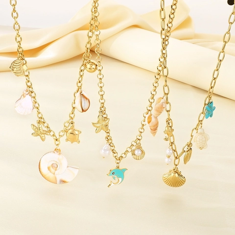 Collana In Acciaio Inossidabile Tema Oceano Ciondolo Stella Marina Conchiglia Tartaruga Delfino Perla Artificial Gioielli Vacanze Estive Spiaggia Per Donne