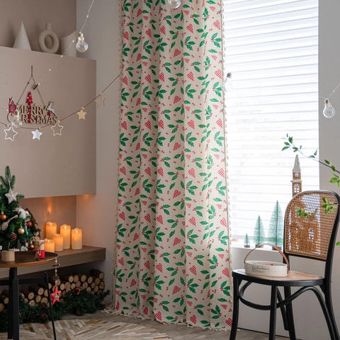 Christmas Window Curtain Cotton Linen Holiday Holly Berry Heart Print With Tassel Fringe Semi Blackout Home Decor Pole Pocket