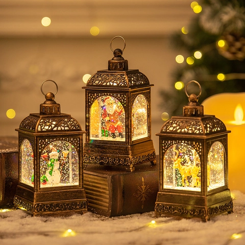 Christmas Snow Globe Lantern Vintage Bronze LED Light Water Filled Swirling Glitter Ornament Desktop Holiday Decoration
