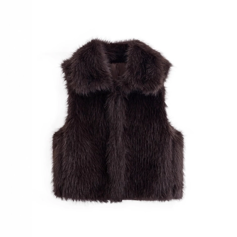 Women Faux Fur Vest Lapel Collar Sleeveless Short Jacket Solid Color Waistcoat Warm Outerwear