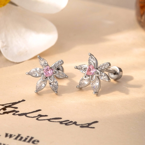 Pink Heart Flower Leaf Zircon Ear Studs Titanium Steel Screw Back Piercing Jewelry Sweet Silver Tone