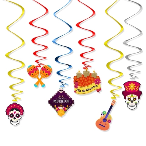 Day Of The Dead Hanging Swirls Decorations Dia De Muertos Party Decor Sugar Skull Guitar Maracas Mexican Theme Ceiling Pendants