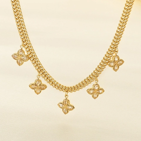 Collana Con Cinque Pendenti A Quadrifoglio Acciaio Inossidabile Oro Con Intarsio Di Strass Gioielli Eleganti Da Donna