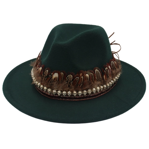 Chapeau Fedora à Large Bord Style Amérindien Vintage Avec Plume et Décoration de Crâne en Métal Chapeau de Fête en Feutre Jazz