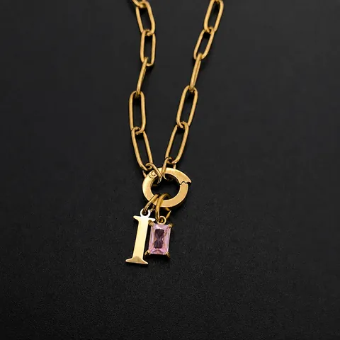 Edelstahl 14K Vergoldet Anfangsbuchstabe Anhänger Halskette Rosa Strass Büroklammerkette Für Damen Mode Schmuck Geschenk