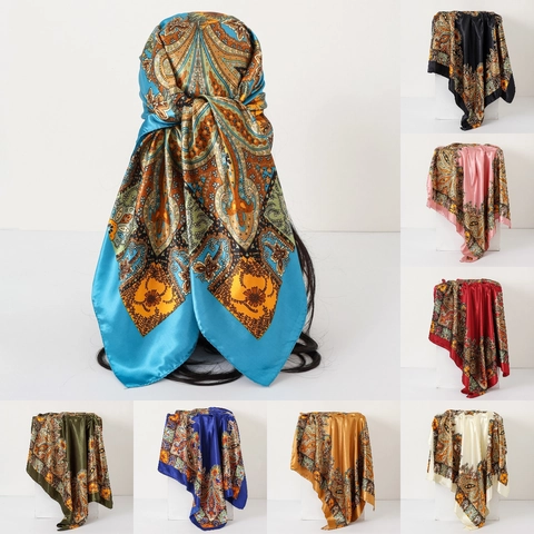 Paisley Printed Square Scarf Satin Polyester Satin Feel Large Headscarf Neck Wrap Elegant Fashion Accessories For Women
