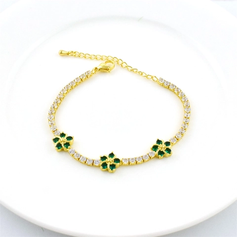 Bracciale Regolabile Fiore Zircone Rame Placcato Oro 18K Catena Tennis Floreale Colorata Gioielli Eleganti Donna