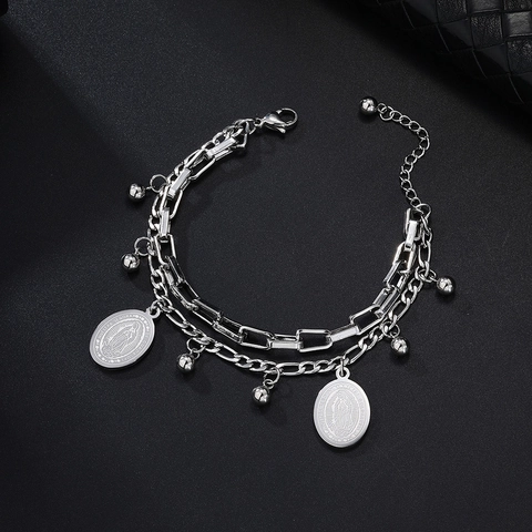 Religious Virgin Mary Pendant Bracelet Stainless Steel Double Layer Paperclip Chain With Polished Beads For Women