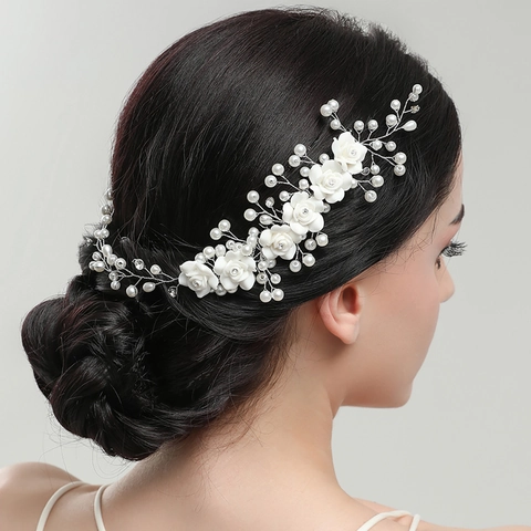 Pettine Capelli Sposa Rosa Ceramica Fiore Perla Artificial Strass Fatto A Mano Accessorio Matrimonio Elegante Copricapo