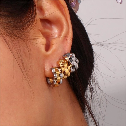 Stainless Steel Hoop Earrings Watch Band Link Design Crawler Spliced Two Color Hip Hop Style For Women Men
