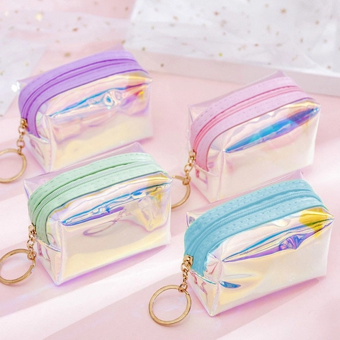 Mini Münzbörse Irisierend PVC Holografisch Laser Reißverschluss Kleine Aufbewahrungstasche Mit Goldenem Schlüsselanhänger