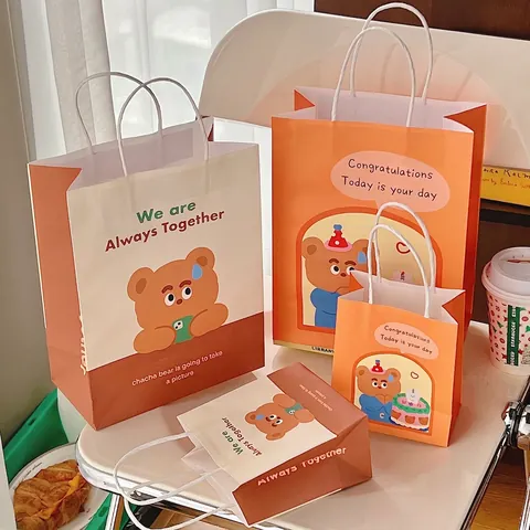 Cute Cartoon Animal Gift Paper Bag Handheld Birthday Party Favor Wrapping Carry Tote With Handles Portable Kraft White