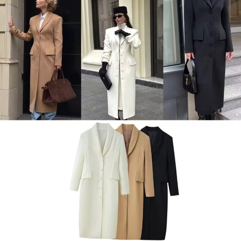 Women Long Woolen Overcoat Slim Fit Lapel Single Breasted Solid Color Warm Elegant Winter Jacket Outwear