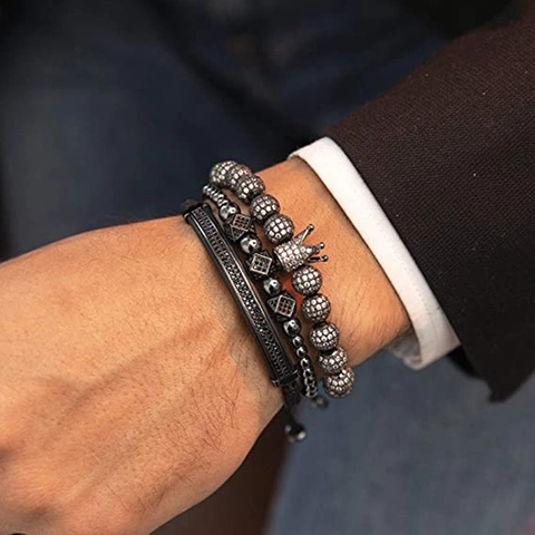 Men Crown Charm Bracelet Copper Inlaid Zircon Micro Pave Adjustable Woven Cord Fashion Jewelry