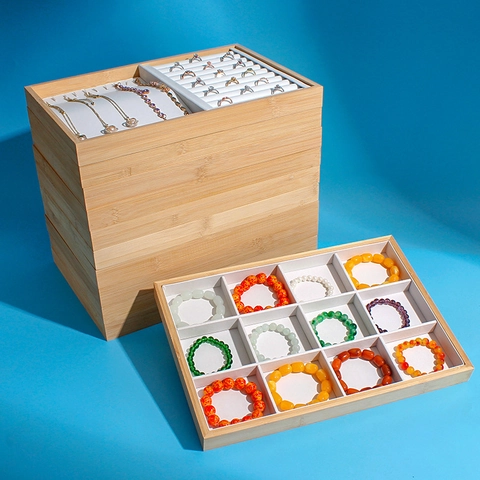 Jewelry Display Tray Bamboo Wood PU Leather Stackable Organizer For Ring Necklace Earrings Bracelet Storage Showcase Decor