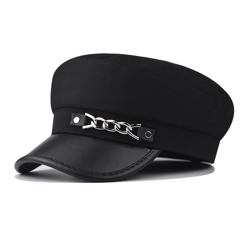 Fashion Newsboy Mütze Für Damen Mit PU Leder Schirm Und Metallkette Flache Militär Stil Retro Baker Boy Hut