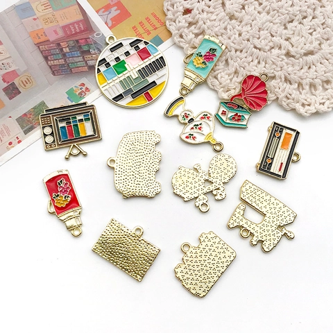 Retro Vintage Alloy Enamel Charms For DIY Jewelry Making Pendants Camera Sewing Machine Bicycle TV Radio Kettle Cassette