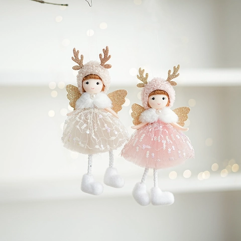 Christmas Angel Doll Pendant Plush Gauze Sequin Antler Girl Ornament Hanging Decoration Tree Decor Festive Gift