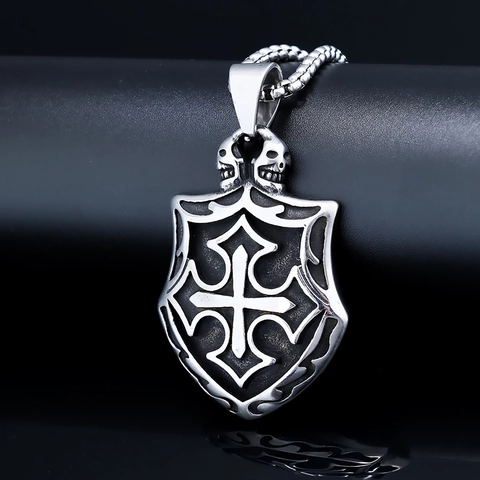 Collana Pendente Croce Scudo Acciaio Inossidabile Retro Gotico Punk Totem Teschio Gioielli Per Uomini Stile Vintage