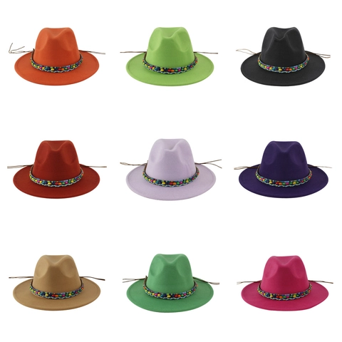Fedora Hut Filz Breite Flache Krempe Mit Bunten Perlen Gewebtes Band Böhmischer Vintage Jazz Stil Für Damen Herren
