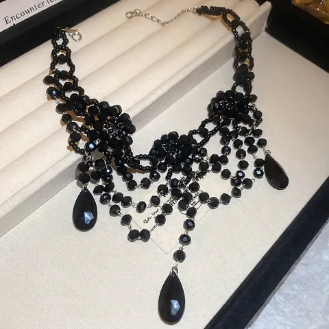 Collar Gargantilla De Cuentas Negras Para Mujer Gótico Vintage Cristal Flor Borla Colgante Gota De Agua Joyería Dark Style