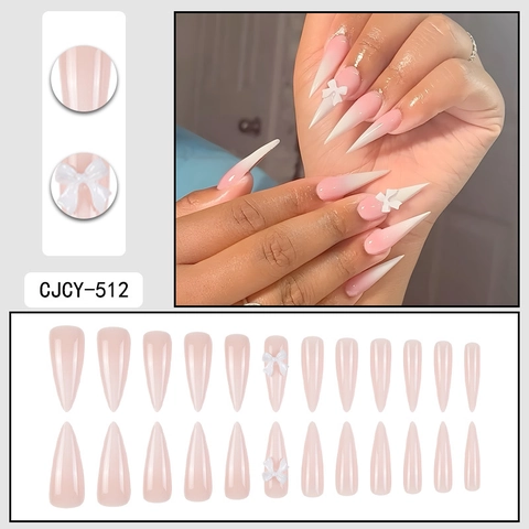Stiletto Press On Nagels Lang Ombre Roze Wit Glanzend Hars Strik Decor Verwijderbaar Zoete Manicure Tool