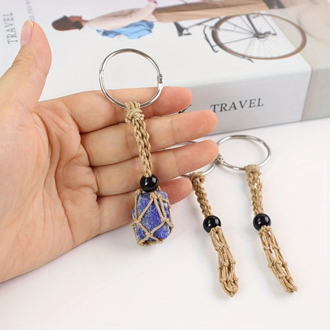 Handgefertigter Gewebter Seil Netzbeutel Schlüsselanhänger Steinhalter Verstellbarer Geflochtener Käfig Anhänger Bohemian Stil Ethno Taschenanhänger