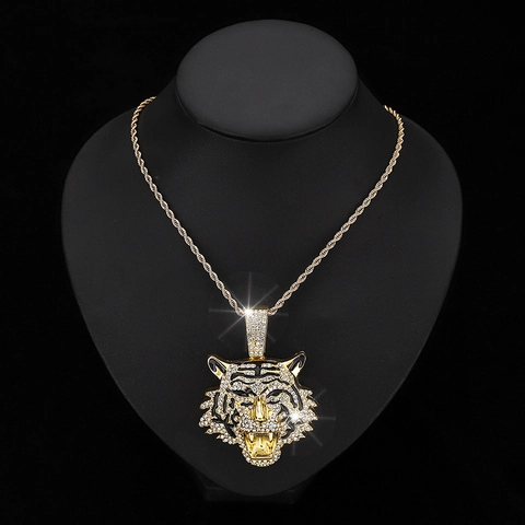Hip Hop Iced Out Tijgerkop Hanger Halsketting Legering Strass Dier Medaillon Sieraden Voor Mannen Vrouwen Goud Zilver