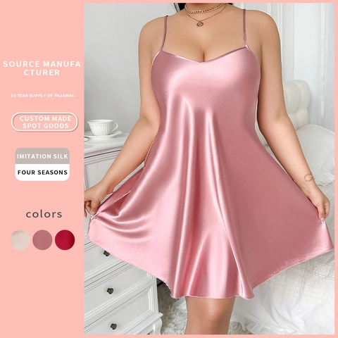 Plus Size Nightgown Imitation Satin Satin Sleepwear V Neck Backless Spaghetti Strap Comfortable Homewear For Women