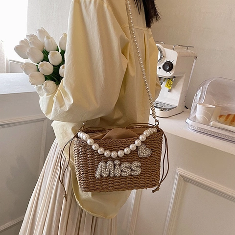 Women Straw Woven Handbag Artificial Pearl Handle Crossbody Bag MISS Letter Heart Decor Beach Summer Travel Elegant