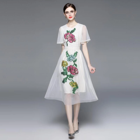 Damen Elegantes Mesh Midi Kleid Mit Pailletten Blumenstickerei Court Style Kurzarm Rundhals Hohe Taille A-Linie Aprikose