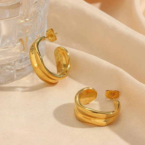 Orecchini a Cerchio in Acciaio Inossidabile Placcato Oro 18K Minimalisti con Onde Irregolari per Donna Gioielli Geometrici