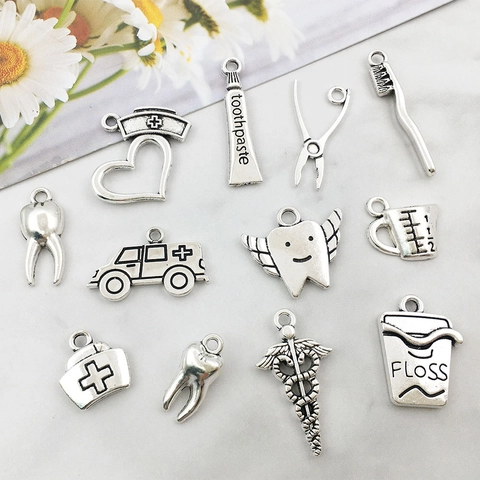 Temática Dentista Médica Dijes De Aleación Diente Pasta De Dientes Cepillo De Dientes Para Hacer Joyas DIY Plata Antigua