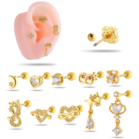 Roestvrijstalen Kraakbeen Piercing Studs Koper Zirkonia Hart Ster Maan Schroefbal Terug Oor Bot Sieraden Vrouwen