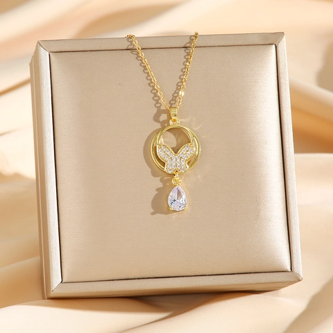 Collana Con Pendente A Farfalla Acciaio Al Titanio Zircone Rhinestone Goccia D'acqua Cerchio Catena Clavicola Donna