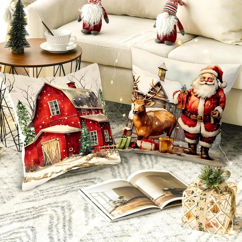 Kerst Kussenhoezen Linnen Textuur Polyester Sneeuwpop Rendier Rode Vrachtwagen Patroon Bank Decoratie