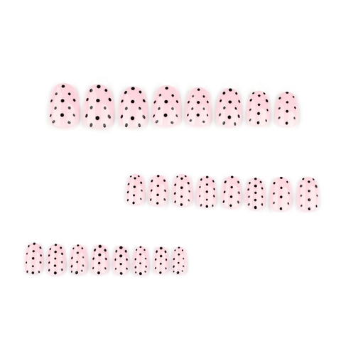 Almond Press On Nails Pink Black Polka Dot Glossy French Style Artificial False Fingernails Women Daily Wear