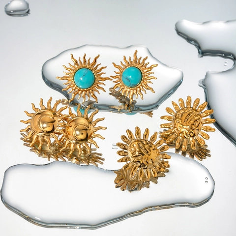 Sun Sunflower Stud Earrings 18K Gold Plated Stainless Steel With Turquoise Bohemian Vintage Style Jewelry For Women