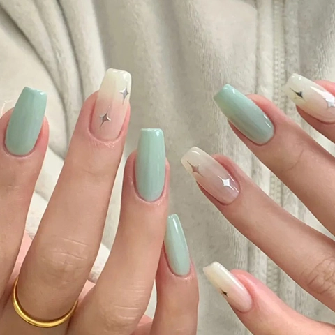 Press On Nails Long Coffin Shape Mint Green Creamy White Gradient Silver Star Glossy Resin Artificial False Nails For Women